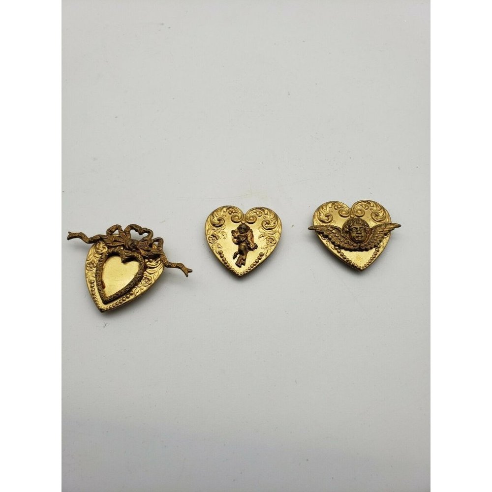 Vintage Set Of 3 Art Nouveau BrassTone Button Covers Heart Shaped Cupid 1.75"